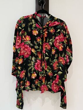 Dolce & Gabbana Black Floral Tie-Neck Blouse with Pink & Green Blooms